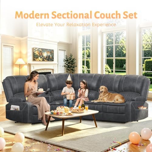 Upgraded 5 Seater Reclining Sofa Set, Living Room Couch (Velvet,Grey)