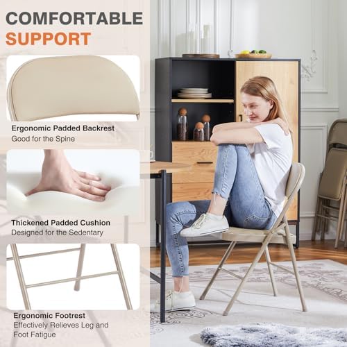 OLIXIS Padded Folding Chairs Set of 12, Portable Foldable Patio Dining Chairs, Heavy Duty Metal Frame, for Kitchen, Dining, Office, Wedding, Garden, Party, Outdoor, Indoor, Khaki