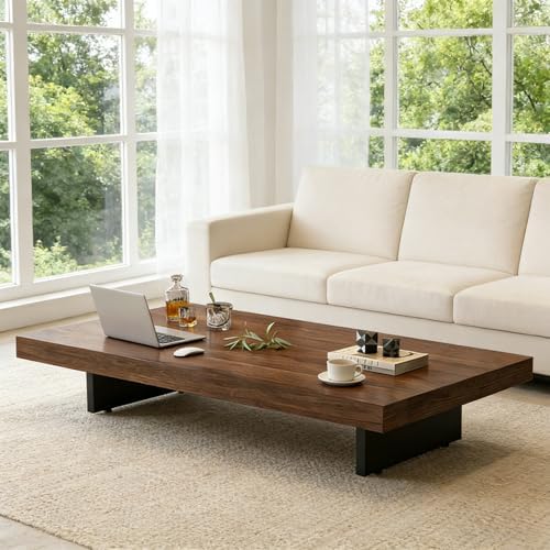 Modern Minimalist Square Coffee Table Low Profile Wood Living Room