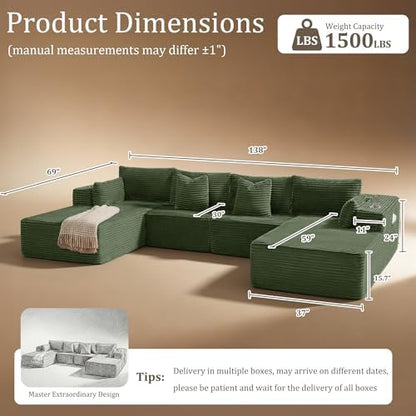 138" Cloud Sectional Couch, Comfort U Shaped Sofa for Living Room, Extra Deep Seats No Assembly, Minimalist Modular Couch, Corduroy (Olive Green, 6 Seats,U-Shape C)