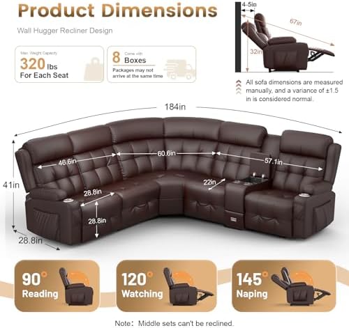 Leather Sectional Couches, 5 Seat L Shaped Reclining Sectional Sofa