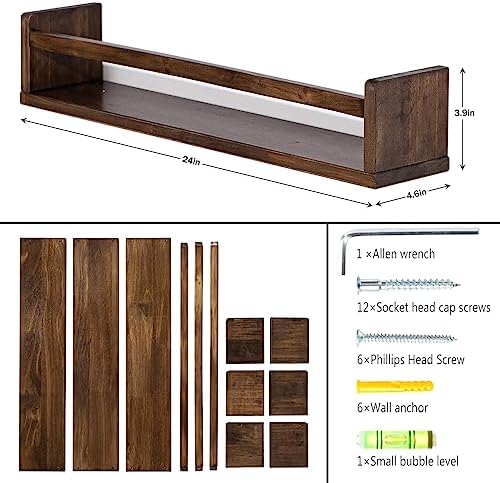 AZSKY Nursery Book Shelves 24 Inch Deep Walnut Floating Bookshelf for Kids Room Wall Mounted Floating Shelves Solid Nursery Bookshelf Perfect Decor for Kitchen Bedroom Living Room Set of 3