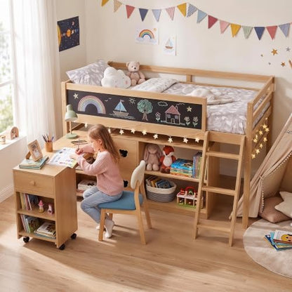 Low Loft Bed with Desk, Twin Size Solid Wood Bed Frame w/Storage Bookshelf & Blackboard, Full Guardrail, Ladder, No Box Spring Needed for Kids Teen, Easy Assembly (Natural)