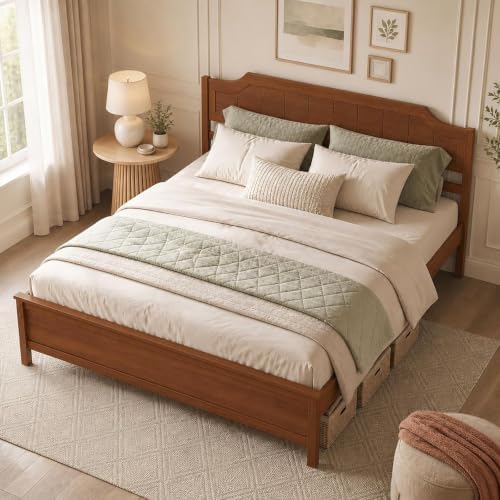 KOMFOTT King Size Bed Frame with Headboard, Wood Platform Bed (Walnut)