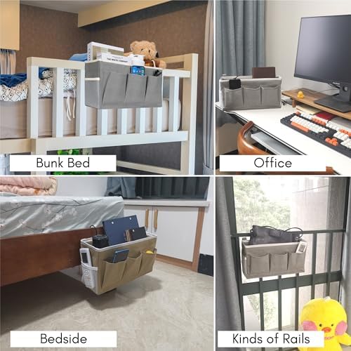 Kanrichu Bedside Caddy Hanging Storage Bag, Organizer Baskets with Pockets for Bunk Bed Accessories, Loft & Dorm Rooms Chair Bed Rails (Gray-3pcs)