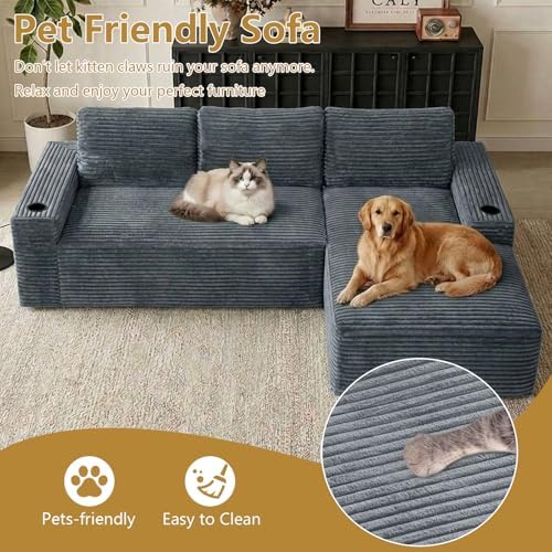 104" Cloud Sectional Couch L-Shaped with Side Pockets Cup Holders, Corduroy Boneless Couch for Living Room,Upholstered Deep-Seat Modular Sectional Sofa, No Assembly Required (Grey,Right Facing Chaise)