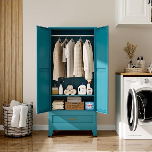 71" Metal Armoire Wardrobe Closet with Hanging Rod, Blue-X 1 Drawer