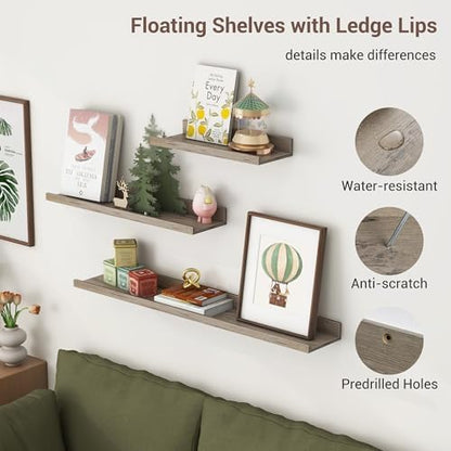 Picture Ledge Shelf, 16 Inch Grey Floating Shelves Set of 3