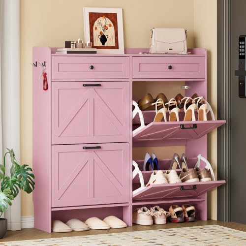 BORNOON Shoe Storage Cabinet for Entryway, Farmhouse Wide Shoe Cabinet with 4 Flip Drawers and 2 Top Drawers, Freestanding Organizer with Adjustable Shelves, Hooks, and Anti-Tip Kit for Hallway