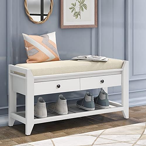 Merax Farmhouse Wood Shoe Bench with Storage and Seat Cushion Entryway Bench with Shoe Shelf and Drawers White