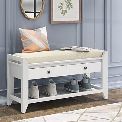 Merax Farmhouse Wood Shoe Bench with Storage and Seat Cushion Entryway Bench with Shoe Shelf and Drawers White