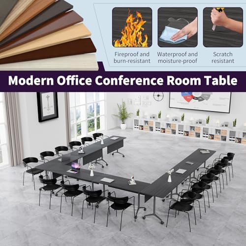 Folding Conference Table, Conference Room Tables with Wheels Foldable Large Rectangle Meeting Seminar Table for 6-12 People, Flip Top Mobile Training Table for Office Classr (6, Black, 55.1in)