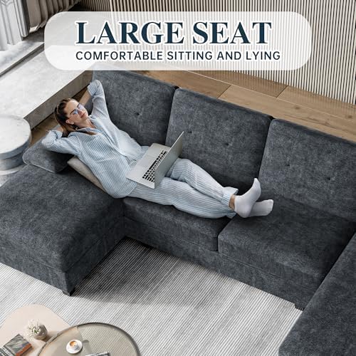Sectional Couches for Living Room, U Shaped Couch 4 Seat Sectional Sofa with Chaise and Armrests, Comfortable Fabric Sofa for Apartment (Grey)