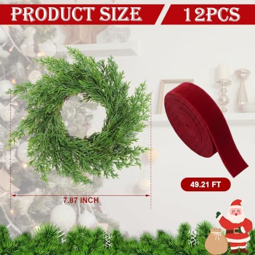 Knitgrip 12 Pcs 7.87" Mini Christmas Cabinets Wreaths with Burgundy Ribbon