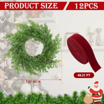 Knitgrip 12 Pcs 7.87" Mini Christmas Cabinets Wreaths with Burgundy Ribbon