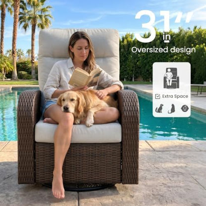 LayinSun Oversized Wicker Outdoor Swivel Glider Recliner with Adjustable Backrest & Footrest, Patio Reclining Lounge Chair - Set of 2