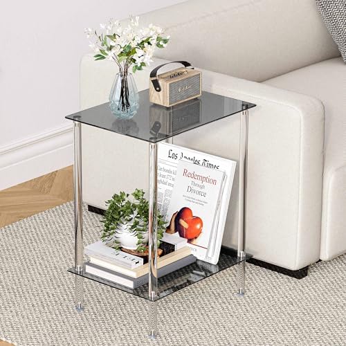 Tempered Glass Side Table, 2-Tier Acrylic End Table