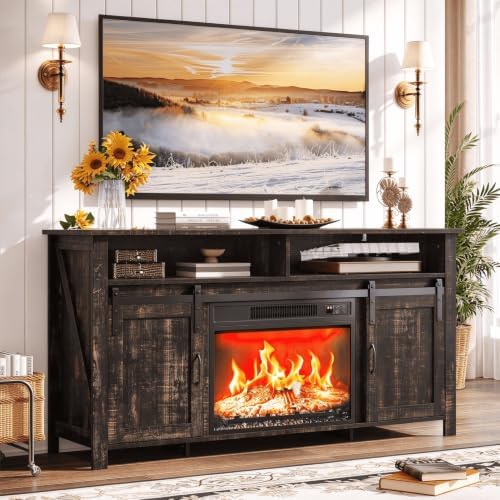 VINGLI 58" Farmhouse Fireplace TV Stand for up to 65" TVs, Dark Rustic Oak