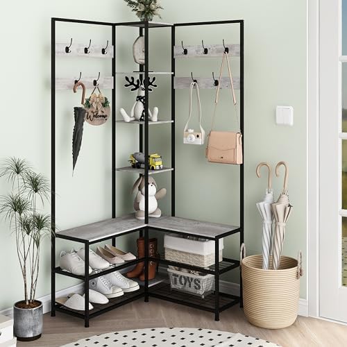 GiftGo Corner Hall Tree with Shoe Rack Storage Bench Display Open Shelves Modern Industrial Entryway Coat Rack Stand for Home Living Room Mudroom Bedroom Multifuncitonal 5 in 1 (Greige)