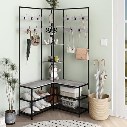 GiftGo Corner Hall Tree with Shoe Rack Storage Bench Display Open Shelves Modern Industrial Entryway Coat Rack Stand for Home Living Room Mudroom Bedroom Multifuncitonal 5 in 1 (Greige)
