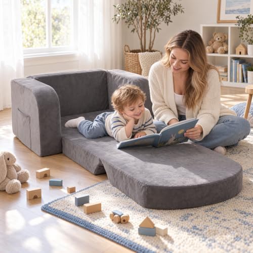 Kids Couch 2-in-1 Foldable Kids Sofa, Thick Foam & Extra Large,Grey