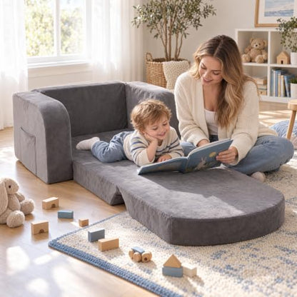 Kids Couch 2-in-1 Foldable Kids Sofa, Thick Foam & Extra Large,Grey