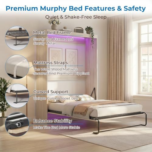 Full Murphy Bed, Cabinet Wall Beds, Modern Vertical Murphy Chest Beds with Durable Gas-Lift, Space-Saving Hidden Cabinet Guest Bed with 16 Colors of LED Lights for Bedroom, Apartment - Wood