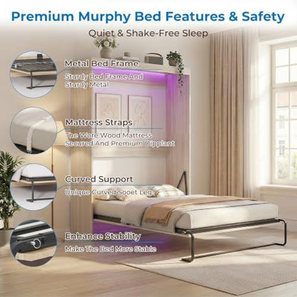 Full Murphy Bed, Cabinet Wall Beds, Modern Vertical Murphy Chest Beds with Durable Gas-Lift, Space-Saving Hidden Cabinet Guest Bed with 16 Colors of LED Lights for Bedroom, Apartment - Wood