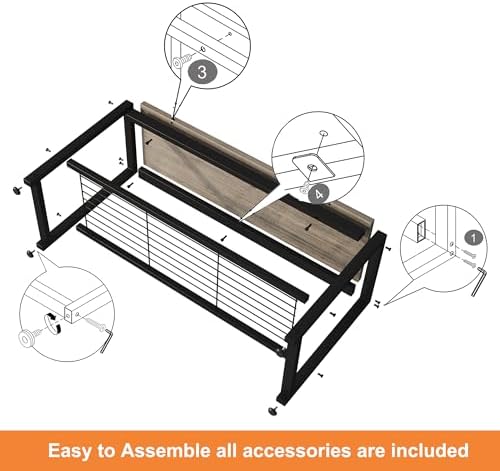 HOMEFORT 2 Tiers Shoe Bench, Retro Industrial Shoe Storage Bench with Mesh Shelf and Sturdy Metal Frame, Metal Shoe Rack Bench for Hallway, Mudroom, Living Room, Washed Gray