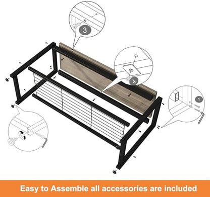 HOMEFORT 2 Tiers Shoe Bench, Retro Industrial Shoe Storage Bench with Mesh Shelf and Sturdy Metal Frame, Metal Shoe Rack Bench for Hallway, Mudroom, Living Room, Washed Gray