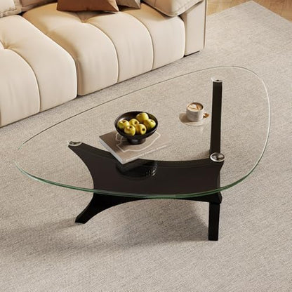 Modern Glass Coffee Table for Living Room, Mid Century Modern Triangle Coffee Table with Tempered Glass Top & Solid Wood Base, Small Center Table for Apartment（Black/Transparent，Large）