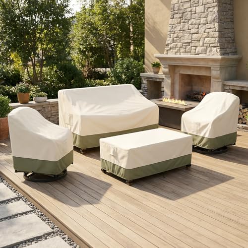 Bitubi Outdoor Waterproof Patio Furniture Covers 4-Piece Set for Swivel Rocker Chairs, Patio 3-Seater Sofa 79in, Coffee Table 48in, Heavy Duty 600D Tough Canvas, Beige