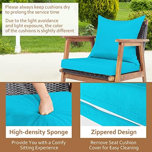 Tangkula 4-Piece Patio Furniture Set, Outdoor Acacia Wood Conversation Set with Cushions and Coffee Table, Outdoor PE Wicker Sectional Sofa Set for Garden, Poolside and Backyard (1, Turquoise)