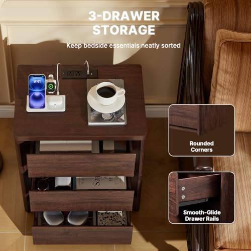 Amada 3 Drawer Nightstand with Charging Station, Modern Mid-Century Walnut