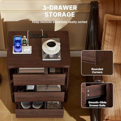 Amada 3 Drawer Nightstand with Charging Station, Modern Mid-Century Walnut