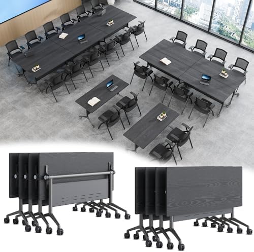 Folding Conference Table, Conference Room Tables with Wheels Foldable Large Rectangle Meeting Seminar Table for 6-12 People, Flip Top Mobile Training Table for Office Classr (4, Black 5, 55.1in)