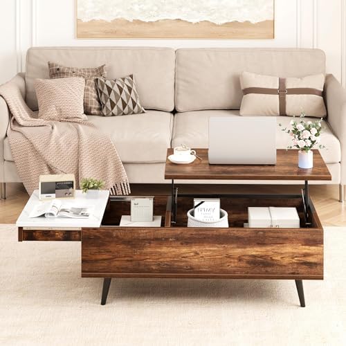 IDEALHOUSE 2024 New Lifting Coffee Table, Wood Lift Top Coffee Table with Storage Shelf, Hidden Compartment and Hydraulic Lifting Rod for Living Room, Office, Reception Room, Rustic Oak