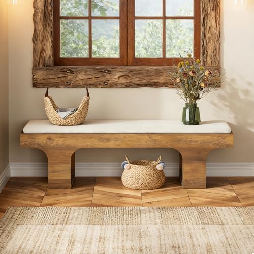 LITTLE TREE 55.2" Dining Bench with Linen Cushion, Farmhouse Entryway Bench