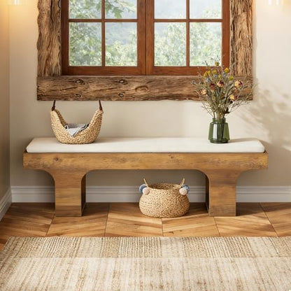 LITTLE TREE 55.2" Dining Bench with Linen Cushion, Farmhouse Entryway Bench
