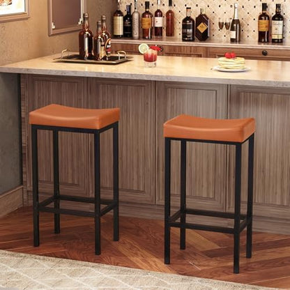 HOOBRO Bar Stools, Set of 2 Bar Chairs, Counter Height Stools, Saddle Barstools with Curved Surface, 24.8 Inches, 2.4" Thick Upholstery, for Kitchen, Dining Room, Cafe Orange-Brown and Black CB10BY01