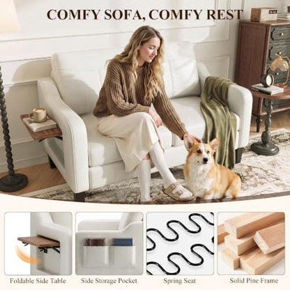 MALOL 51" Leather Loveseat Sofa with Foldable Side Table, Beige