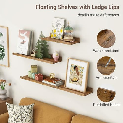 Picture Ledge Shelf, 48 Inch Brown Floating Shelves Set of 3
