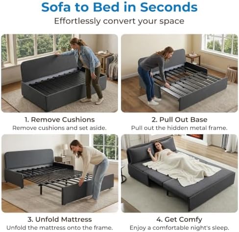Mjkone Queen Pull Out Sofa Bed, 62" W Sleeper Couch Beds, 2-in-1 Modern Convertible Linen Sofas Sleeper Pull Out Sofa Couch Bed with Mattress & Pillows for Guest Room Bedroom Small Space, Dark Grey