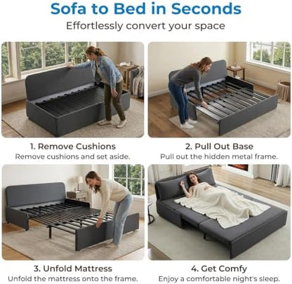 Mjkone Queen Pull Out Sofa Bed, 62" W Sleeper Couch Beds, 2-in-1 Modern Convertible Linen Sofas Sleeper Pull Out Sofa Couch Bed with Mattress & Pillows for Guest Room Bedroom Small Space, Dark Grey