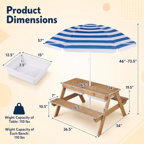 HONEY JOY Kids Picnic Table, 4 in 1 Cedar Wooden Sand & Water Table w/ 3 Removable Box & Umbrella, Kids Picnic Tables for Outdoors Backyard Garden, Toddler Patio Furniture Set for Boys Girls(Navy)