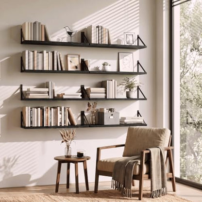 Extra Long Floating Wall Shelves, 48 x 8 Inches, Set of 3 Large Wood Floating Bookshelves with Metal Brackets for Storage & Display (Black)