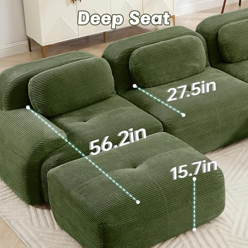 117" Corduroy Modern Sectional Couch, Boneless Couch, Compact sofa, Green