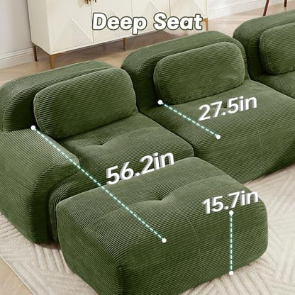 117" Corduroy Modern Sectional Couch, Boneless Couch, Compact sofa, Green