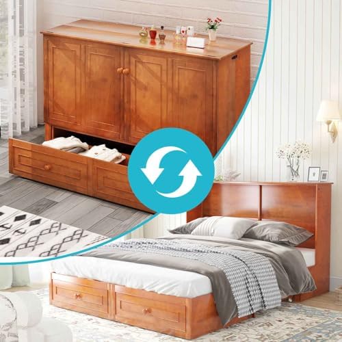 CECER Queen Murphy Cabinet Bed without Mattress, Cherry