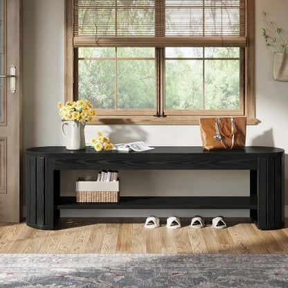 Tribesigns 63" Wooden Entryway Bench with Shoe Storage, Long 2-Tier Narrow Shoe Bench with Arc Vertical Slat Splicing Legs, End of Bed Stool for Bedroom, Entrance, Living Room (Black)